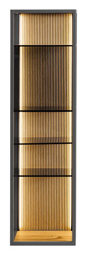 Hängeregal mit vertikalen Holzlamellen und integrierter Beleuchtung, Frontalansicht