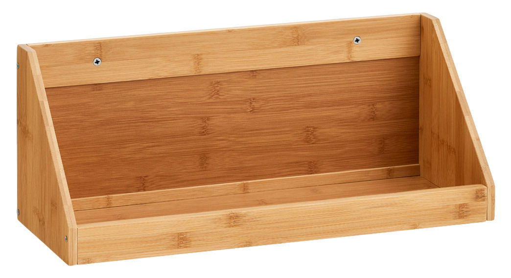 Wandregal aus Bambus in schräger Perspektive, ideal zur Aufbewahrung.