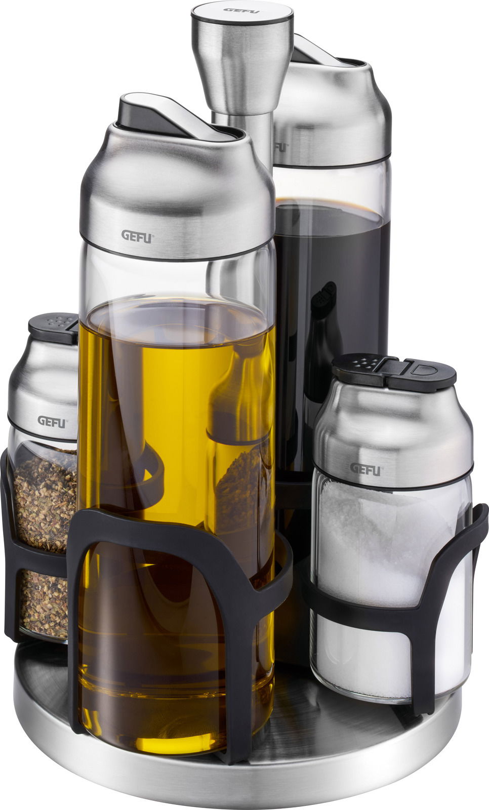 Essig-Öl und Gewürz Menage 5-teilig aus Edelstahl und Glas, seitliche Perspektive