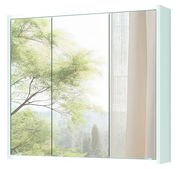 Spiegelschrank mit drei Türen, Frontansicht, reflektiert Bäume und Vorhänge.