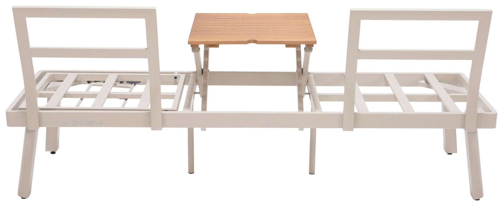 Rückansicht einer weißen Lounge-Kombination mit zwei Sitzplätzen und einem integrierten Holztisch in der Mitte.