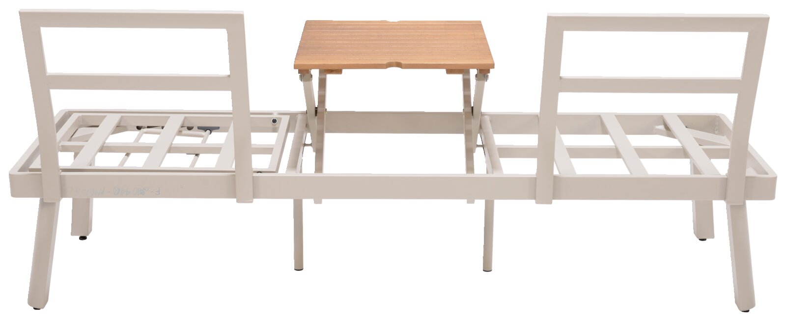 Rückansicht einer weißen Lounge-Kombination mit zwei Sitzplätzen und einem integrierten Holztisch in der Mitte.
