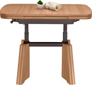 Moderner Couchtisch aus Holz mit verstellbarer Höhe, seitliche Perspektive.