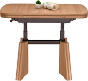 Moderner Couchtisch aus Holz mit verstellbarer Höhe, seitliche Perspektive.