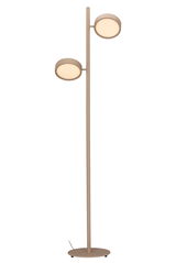 Moderne LED-Stehleuchte mit zwei runden Leuchtköpfen, seitliche Perspektive
