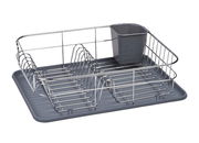 Geschirrabtropf-Ständer aus Metall mit grauer Abtropfschale und Besteckhalter, seitliche Perspektive