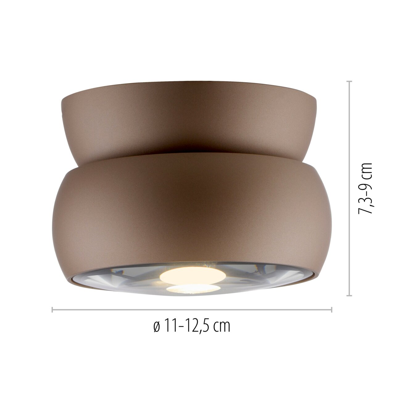 LED-Deckenleuchte in Braun, seitliche Perspektive, Maße: Höhe 7,3-9 cm, Durchmesser 11-12,5 cm