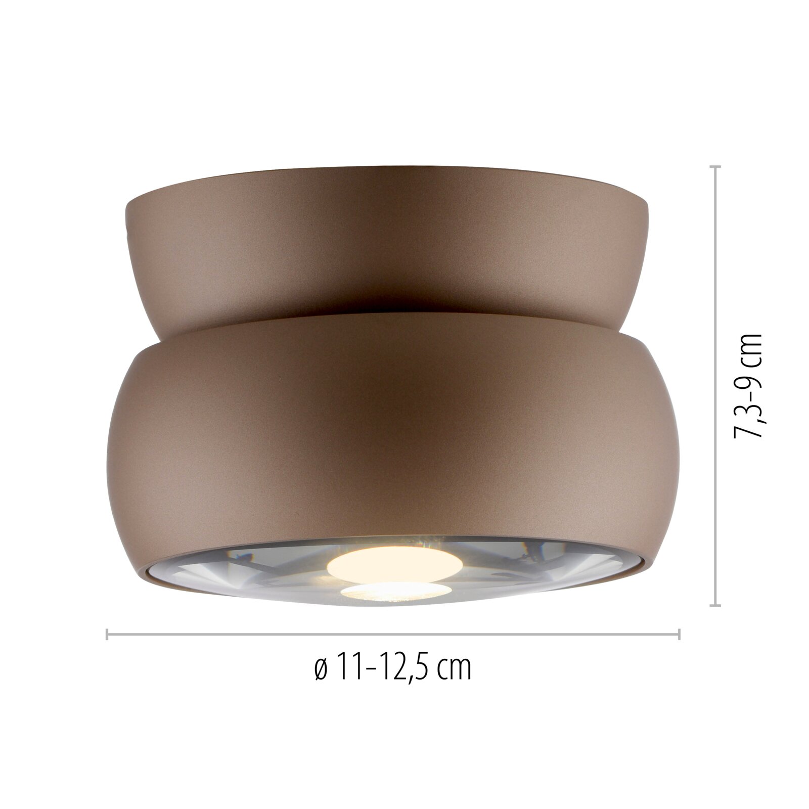 LED-plafondlamp in bruin, zijaanzicht, afmetingen: hoogte 7,3-9 cm, diameter 11-12,5 cm