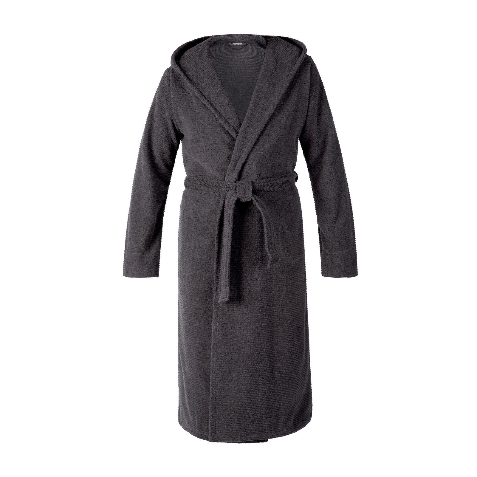 Grauer Kapuzenbademantel in Größe M, Vorderansicht