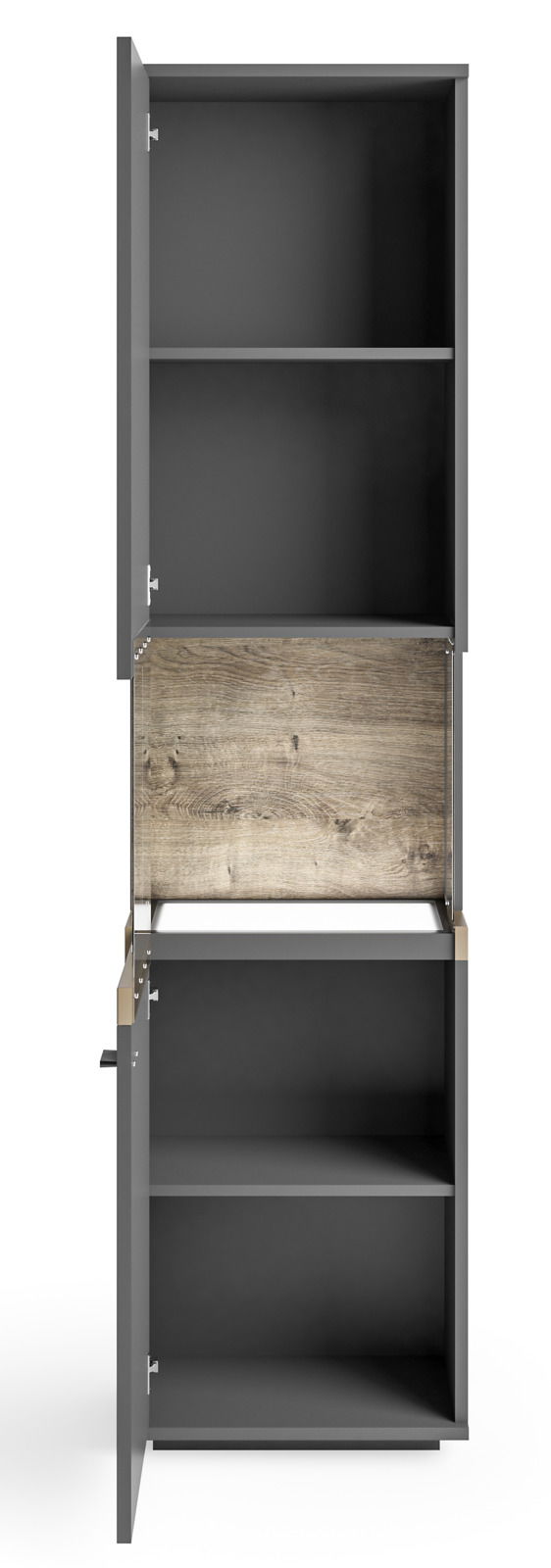Vitrine in grauer Farbe mit geöffneter Tür, zeigt Innenregale und Holzrückwand, Frontalansicht