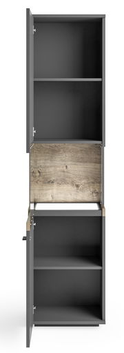 Vitrine in grauer Farbe mit geöffneter Tür, zeigt Innenregale und Holzrückwand, Frontalansicht