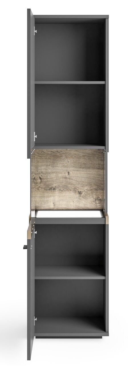 Vitrine in grauer Farbe mit geöffneter Tür, zeigt Innenregale und Holzrückwand, Frontalansicht