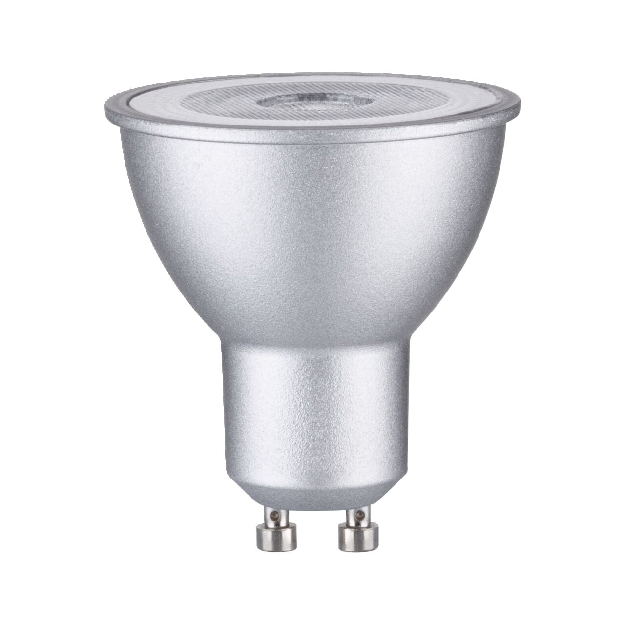 Silbernes LED Leuchtmittel mit GU10-Sockel, seitliche Perspektive