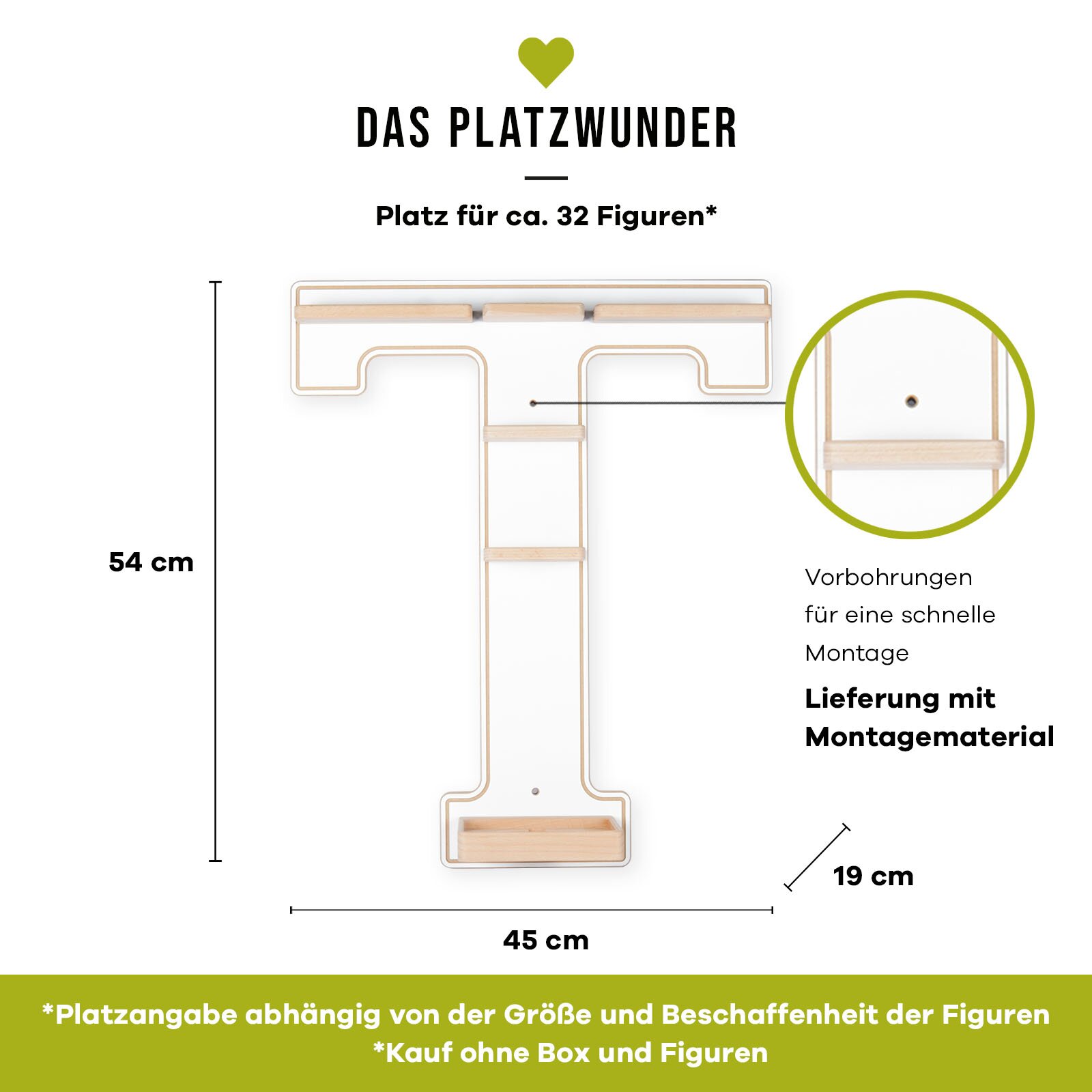 Frontansicht eines T-förmigen Wandregals/Displays aus hellem Holz und weißer Rückwand („Das Platzwunder“) mit Maßen ca. 54 x 45 x 19 cm, Platz für ca. 32 Figuren, vorgebohrten Löchern und Lieferung inkl. Montagematerial.