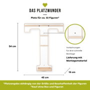 Frontansicht eines T-förmigen Wandregals/Displays aus hellem Holz und weißer Rückwand („Das Platzwunder“) mit Maßen ca. 54 x 45 x 19 cm, Platz für ca. 32 Figuren, vorgebohrten Löchern und Lieferung inkl. Montagematerial.