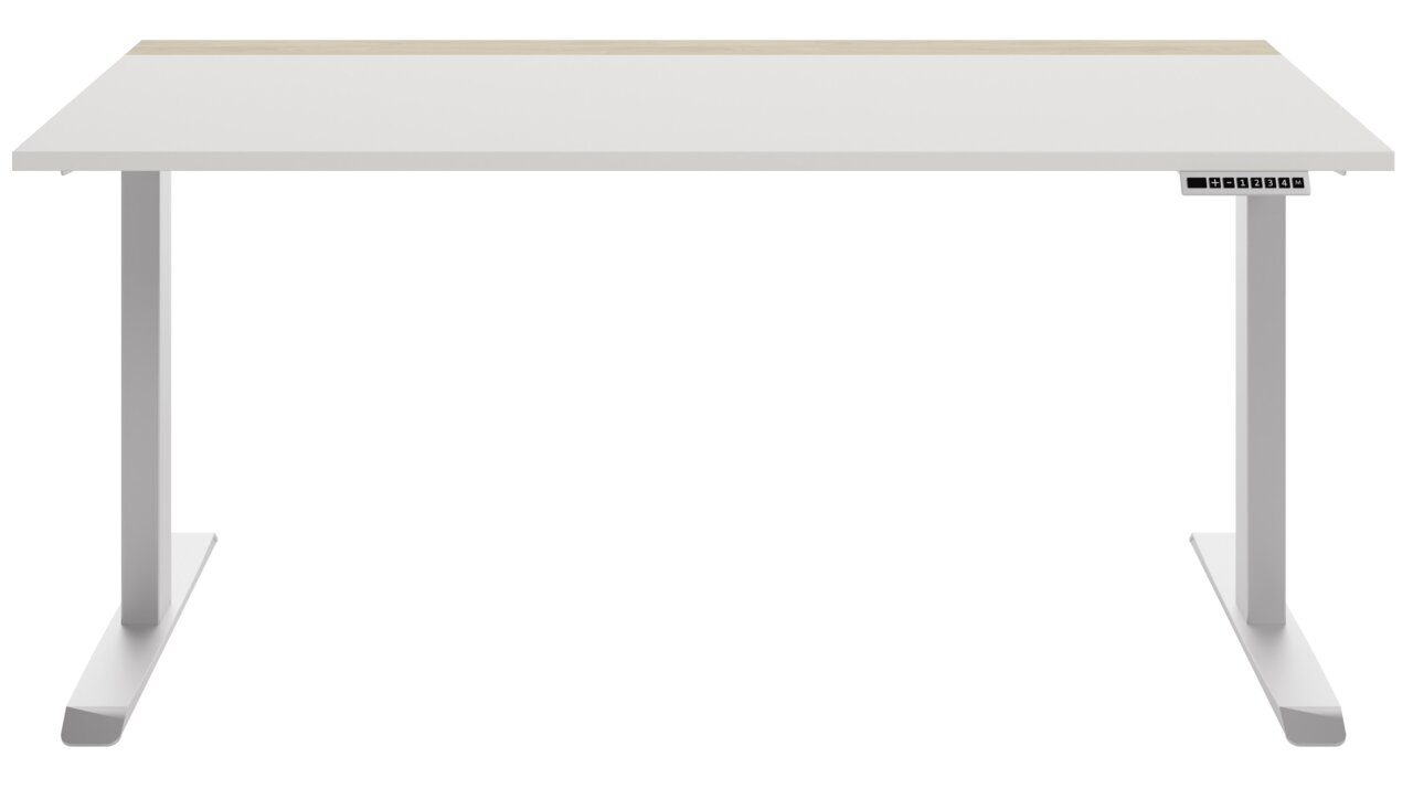 Moderner E-Schreibtisch in Frontalansicht mit weißer Tischplatte und grauem Gestell, ausgestattet mit einem Bedienfeld an der rechten Seite.