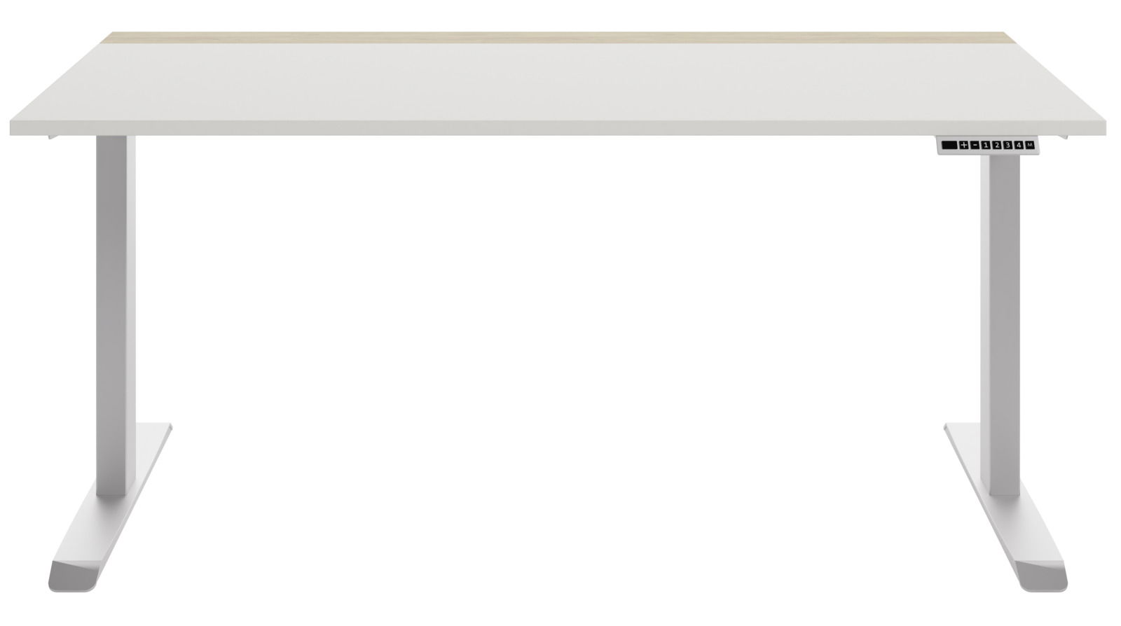 Moderner E-Schreibtisch in Frontalansicht mit weißer Tischplatte und grauem Gestell, ausgestattet mit einem Bedienfeld an der rechten Seite.