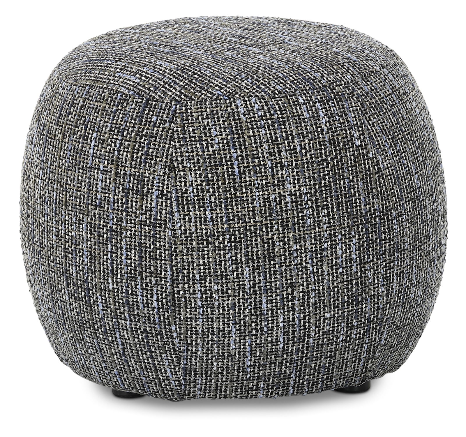 Bauchiger Hocker in grauem Stoff aus seitlicher Perspektive