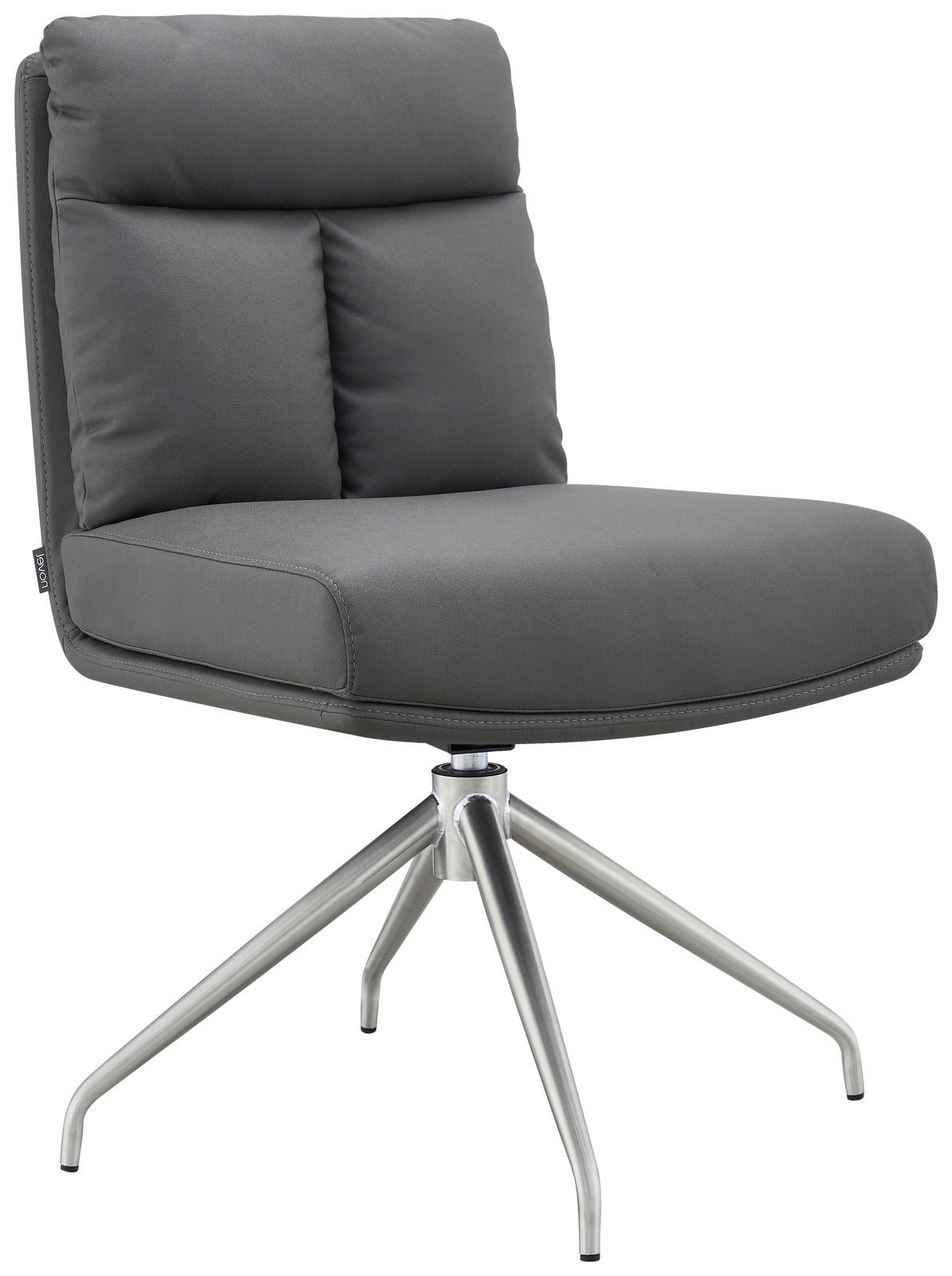 Moderner grauer Stuhl mit gepolsterter Rückenlehne und Sitzfläche, auf einem stabilen Metallgestell mit vier Beinen, seitliche Perspektive.