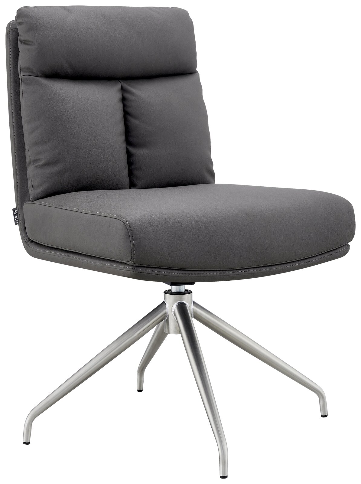 Moderner grauer Stuhl mit gepolsterter Rückenlehne und Sitzfläche, auf einem stabilen Metallgestell mit vier Beinen, seitliche Perspektive.