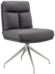 Moderner grauer Stuhl mit gepolsterter Rückenlehne und Sitzfläche, auf einem stabilen Metallgestell mit vier Beinen, seitliche Perspektive.