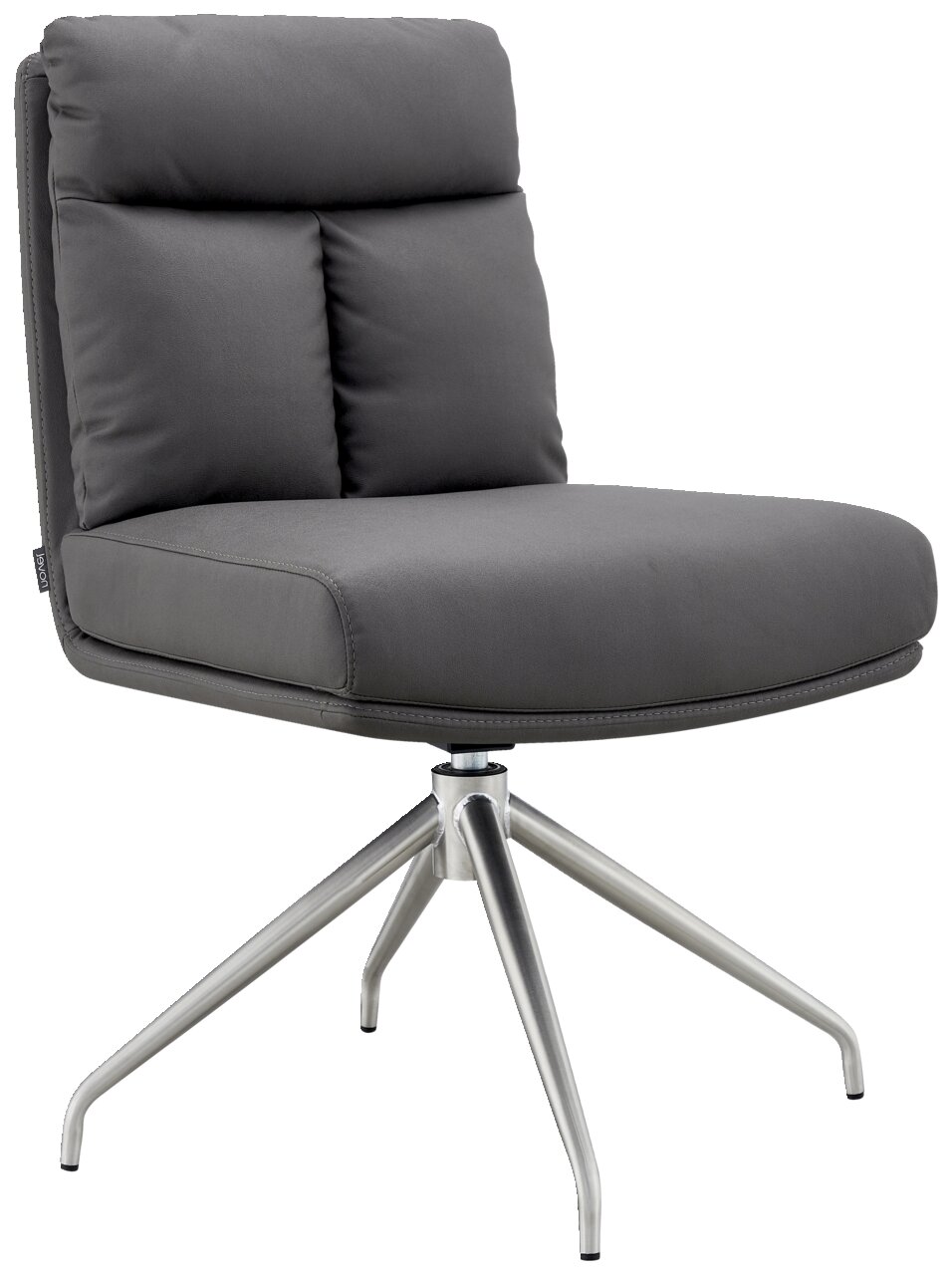 Moderner grauer Stuhl mit gepolsterter Rückenlehne und Sitzfläche, auf einem stabilen Metallgestell mit vier Beinen, seitliche Perspektive.