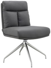 Moderner grauer Stuhl mit gepolsterter Rückenlehne und Sitzfläche, auf einem stabilen Metallgestell mit vier Beinen, seitliche Perspektive.