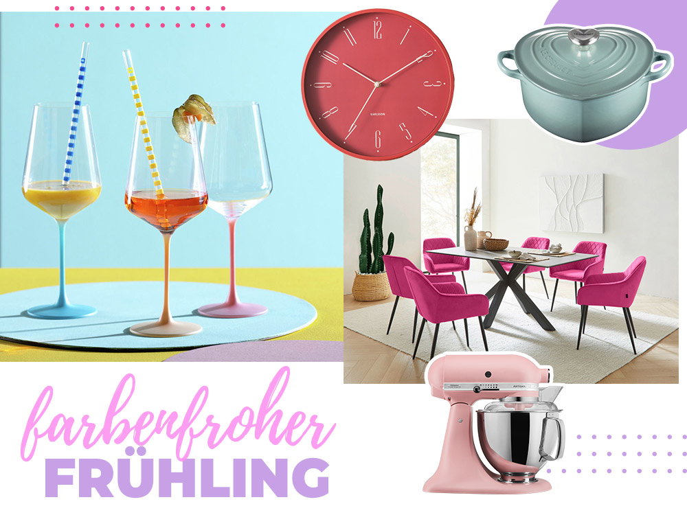 Een kleurrijk voorjaar, diverse kleurrijke artikelen en kleine meubels in vrolijke en frisse kleuren