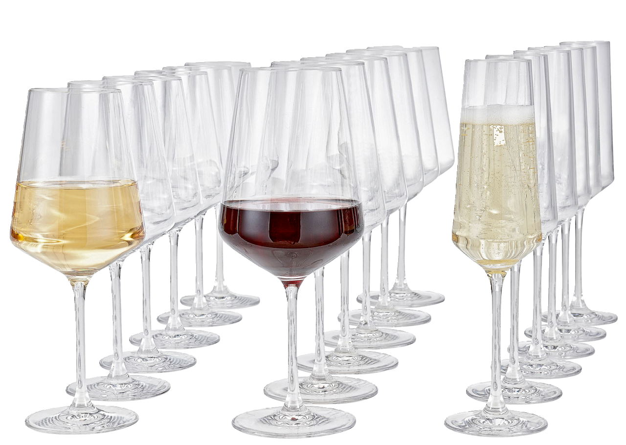 Leonardo Gläserset 18-tlg. PUCCINI Eine Sammlung von eleganten Kelchgläsern der Serie Puccini, 18-teilig, mit verschiedenen Getränken gefüllt, aus einer seitlichen Perspektive fotografiert.