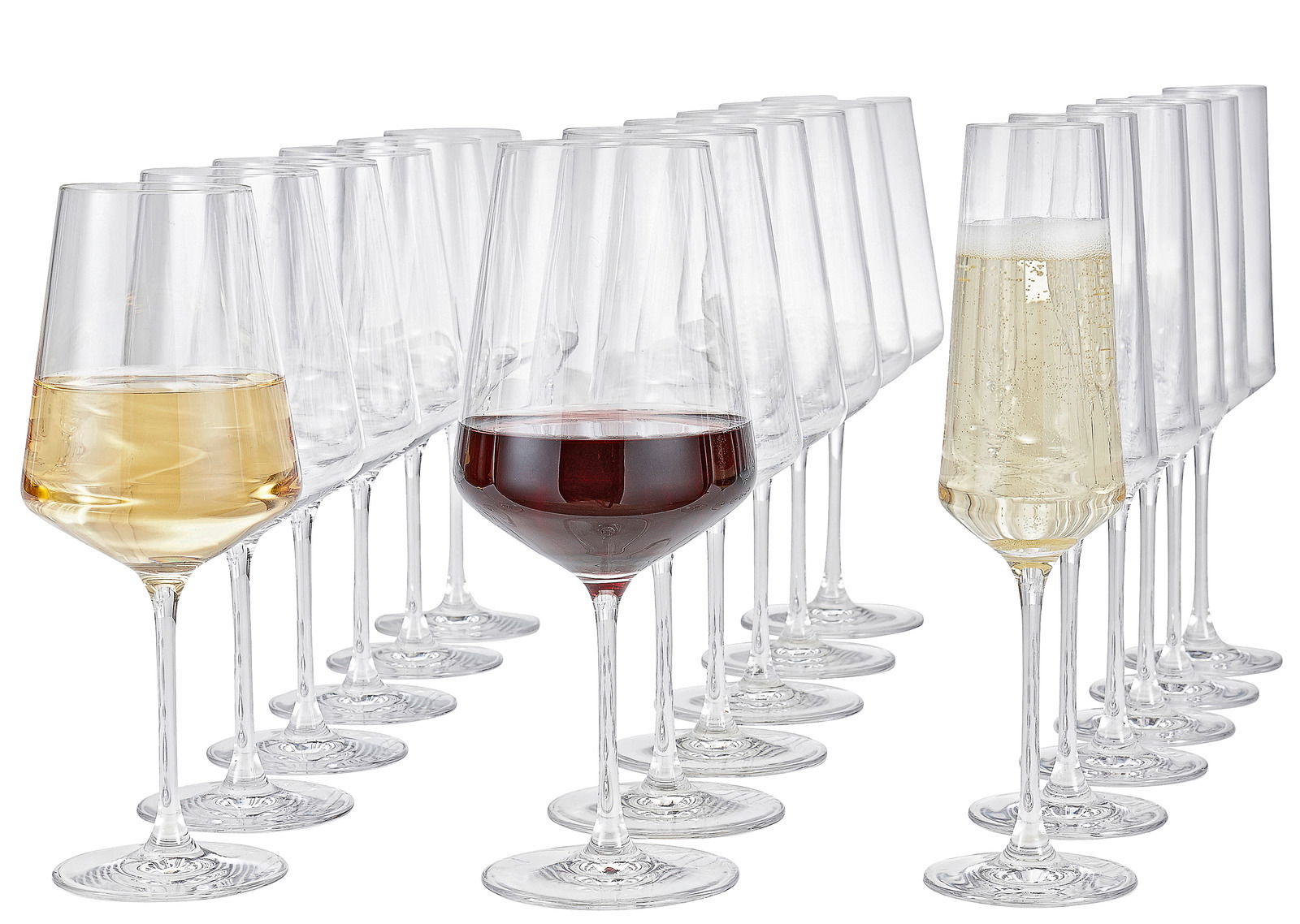 Leonardo Kelchglas-Set 18-tlg. PUCCINI Eine Sammlung von eleganten Kelchgläsern der Serie Puccini, 18-teilig, mit verschiedenen Getränken gefüllt, aus einer seitlichen Perspektive fotografiert.