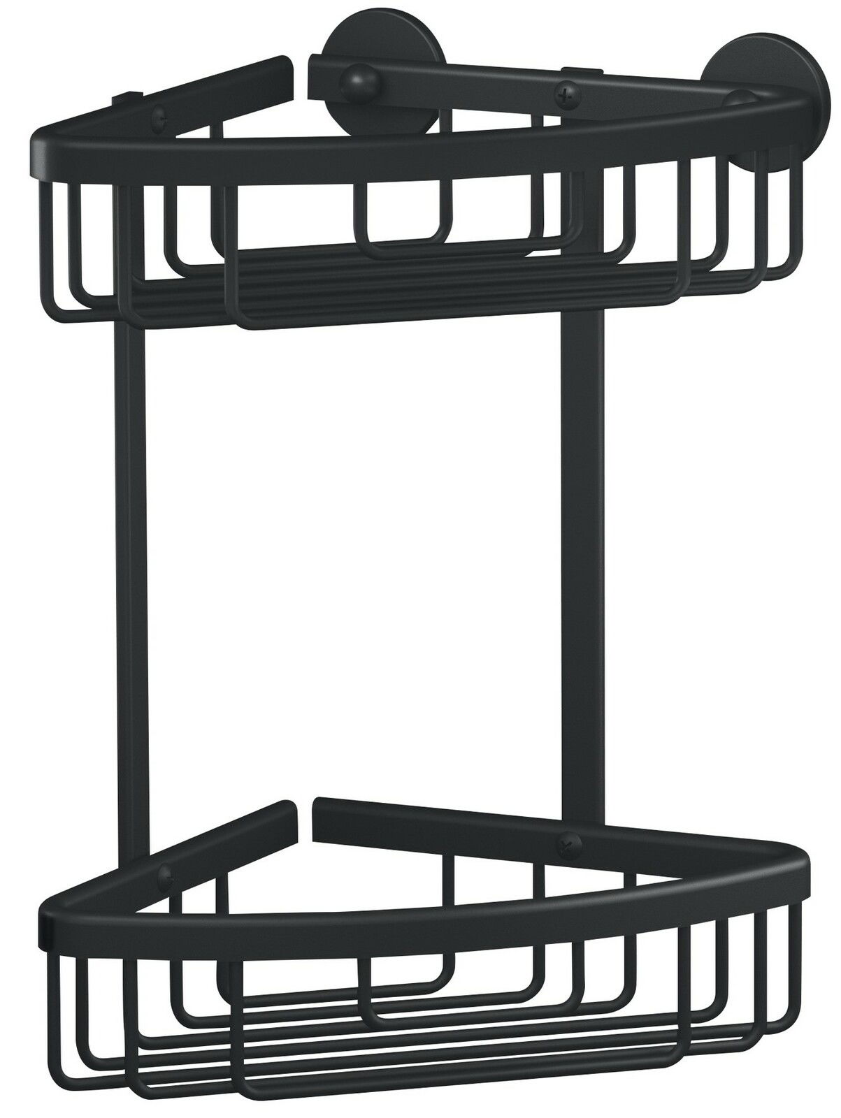 Schwarzer Eckduschkorb aus Metall mit zwei Ablagen, perspektivisch von vorne gezeigt.
