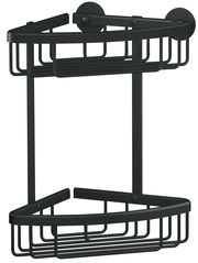 Schwarzer Eckduschkorb aus Metall mit zwei Ablagen, perspektivisch von vorne gezeigt.