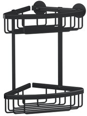 Schwarzer Eckduschkorb aus Metall mit zwei Ablagen, perspektivisch von vorne gezeigt.