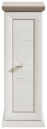 Frontale Ansicht eines weißen Beistelltisches mit einer Tür aus der Serie Camron/Benton.