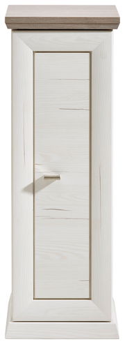 Frontale Ansicht eines weißen Beistelltisches mit einer Tür aus der Serie Camron/Benton.