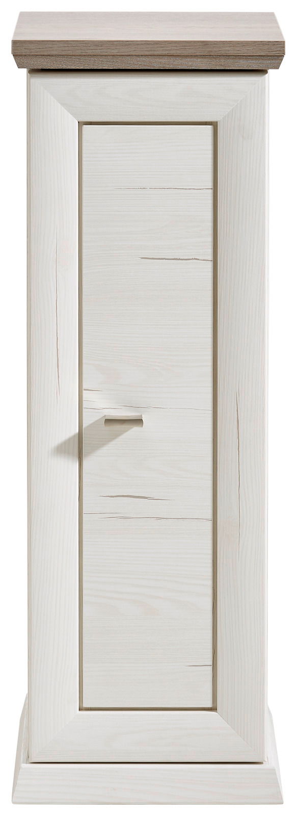 Frontale Ansicht eines weißen Beistelltisches mit einer Tür aus der Serie Camron/Benton.