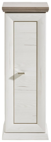 Frontale Ansicht eines weißen Beistelltisches mit einer Tür aus der Serie Camron/Benton.