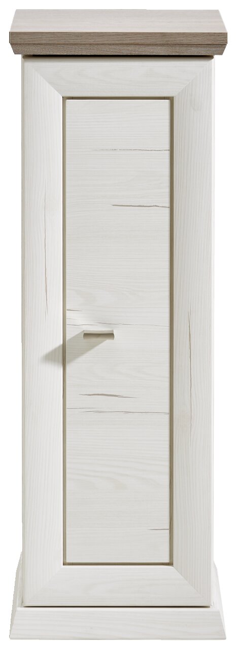 Frontale Ansicht eines weißen Beistelltisches mit einer Tür aus der Serie Camron/Benton.