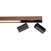 Moderne Deckenleuchte PURE-LINES mit zwei verstellbaren schwarzen Strahlern und Holzoptik, seitliche Perspektive