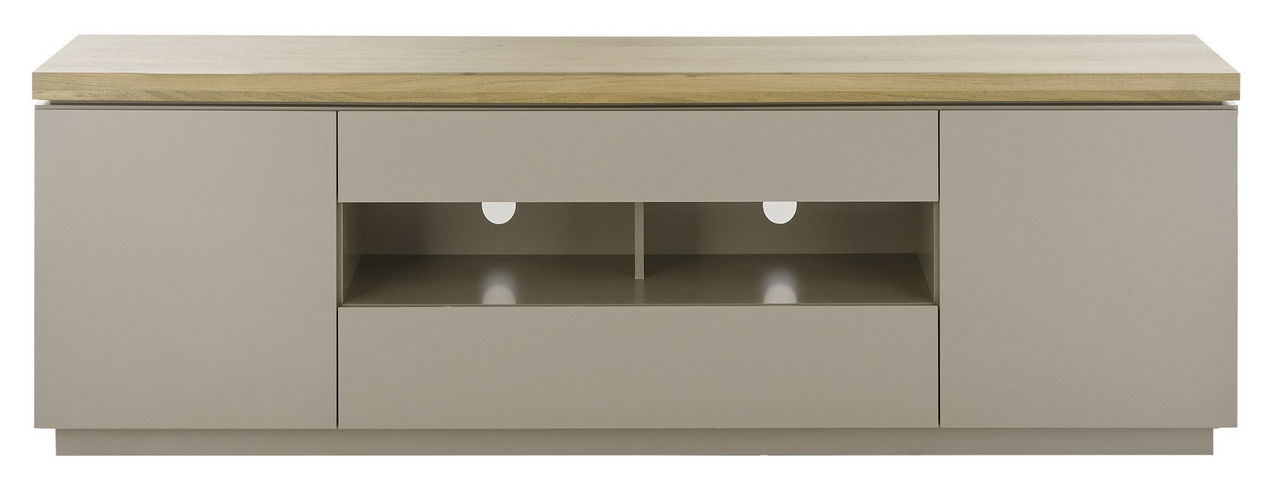 Frontale Ansicht eines modernen TV-Lowboards mit Holzoberfläche und grauen Schubladen.