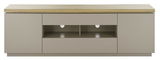 Frontale Ansicht eines modernen TV-Lowboards mit Holzoberfläche und grauen Schubladen.