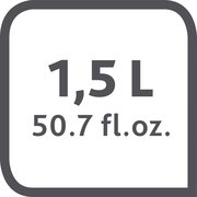 Grafik mit der Aufschrift 1,5L und 50,7 fl. oz. in einer quadratischen Umrandung, Draufsicht