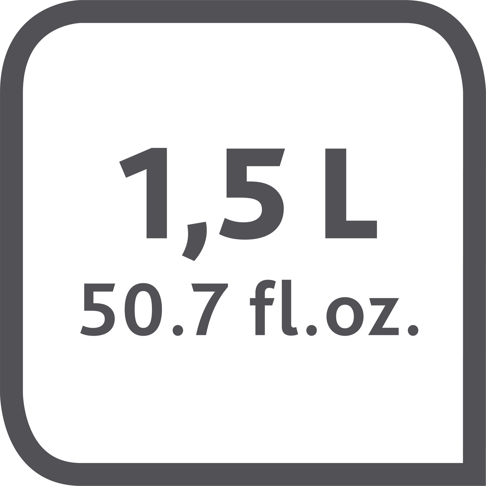 Grafik mit der Aufschrift 1,5L und 50,7 fl. oz. in einer quadratischen Umrandung, Draufsicht