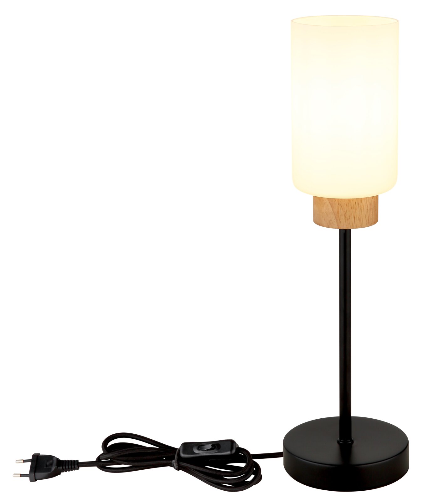 Schlichte Tischlampe mit zylindrischem, warmweiß leuchtendem Glasschirm, Holzdetail, schwarzem Metallfuß und Kabel mit Schalter, freigestellt vor weißem Hintergrund, frontale Produktansicht.