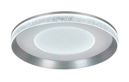 Runde LED-Deckenleuchte aus der Perspektive von unten, mit modernem Design und silbernem Rand.