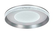 Runde LED-Deckenleuchte aus der Perspektive von unten, mit modernem Design und silbernem Rand.