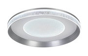 Runde LED-Deckenleuchte aus der Perspektive von unten, mit modernem Design und silbernem Rand.