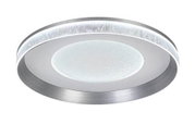 Ronde led-plafondlamp gezien van onderaf, met een modern ontwerp en een zilveren rand.
