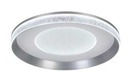 Ronde led-plafondlamp gezien van onderaf, met een modern ontwerp en een zilveren rand.