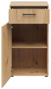 Kommode aus Holz mit einer offenen Tür und einer geöffneten Schublade, Frontalansicht